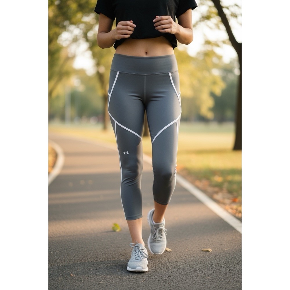 Under Armour HeatGear 🔥Grey Compression Ankle Leggings with White Stripes Lg